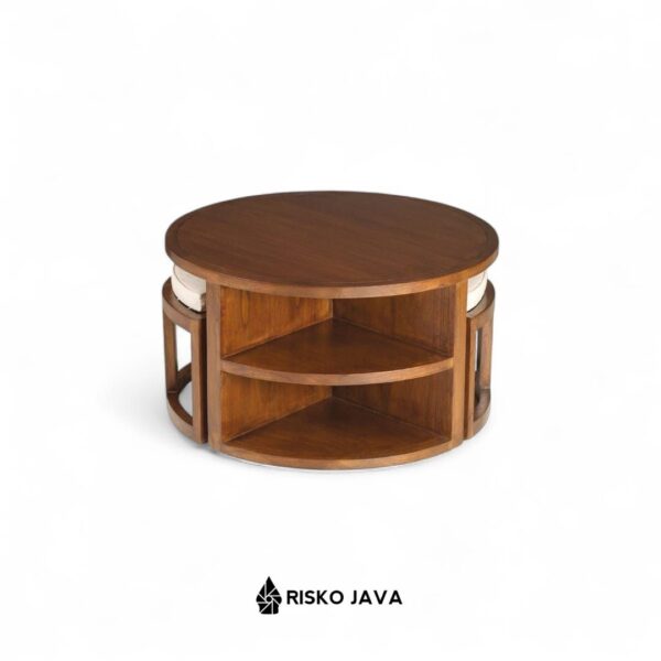 JASON - Set Meja Ruang Tamu / Meja Ruang Tamu Bulat + 2 Bangku / Coffee Table Minimalis