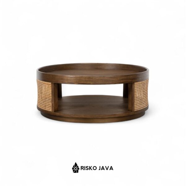 EDWARDS - Meja Bulat Ruang Tamu / Meja Kayu Jati Kombinasi Rotan / Coffee Table Minimalis