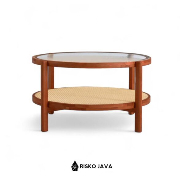 JOSH - Meja Bulat Ruang Tamu / Meja Kayu Jati Top Kaca / Coffe Table Kombinasi Rotan