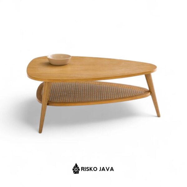 BAYLEE - Meja Ruang Tamu Segitiga / Meja Kayu Jati Kombinasi Rotan / Coffee Table Minimalis