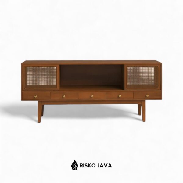 WENDT - Meja Tv Kayu Jati Laci Penyimpanan / Bufet Tv Minimalis / Cabinet Tv Kombinasi Rotan
