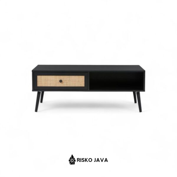 CONOR - Meja Ruang Tamu Laci / Meja Kayu Jati Kombinasi Rotan / Coffe Table Natural Black