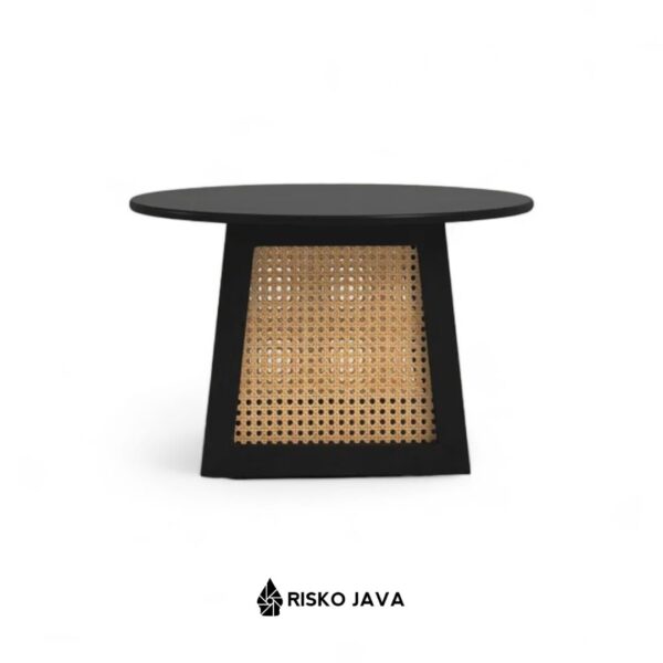 GLENN - Meja Ruang Tamu Minimalis / Meja Bulat Kayu Jati Kombinasi Rotan / Coffe Table Natural Black