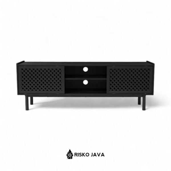 NIKOLAOU - Meja Tv Kayu Jati Natural Black / Cabinet Tv Minimalis Retro / Rak Tv Pintu Sliding