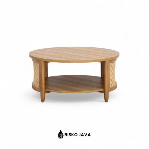 HAYDEN - Meja Ruang Tamu Kayu Jati / Meja Tamu Bulat Kombinasi Rotan / Coffee Table Minimalis