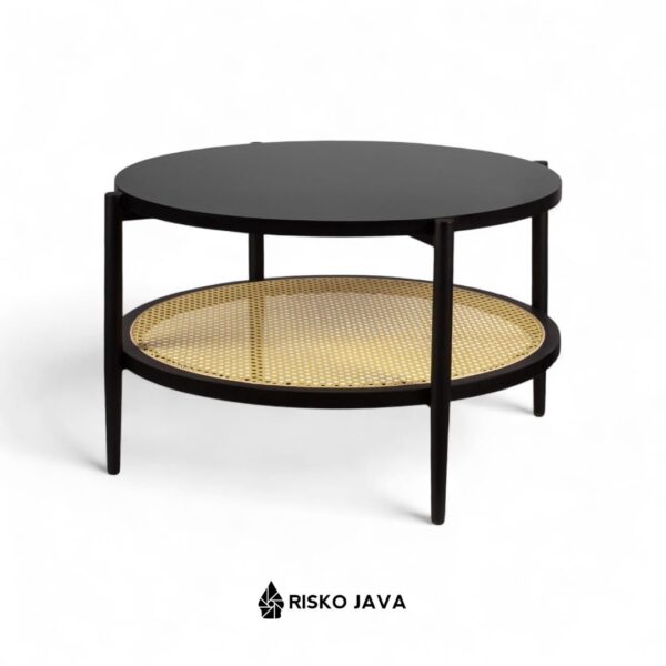SHUTO - Meja Ruang Tamu Kombinasi Rotan / Meja Kayu Jati Natural Black / Coffe Table Minimalis Retro