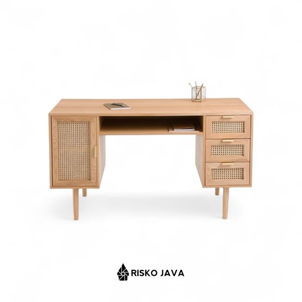 JAYSON - Meja Belajar Kayu Jati / Meja Kerja Minimalis / Meja Laci Penyimpanan Kombinasi Rotan