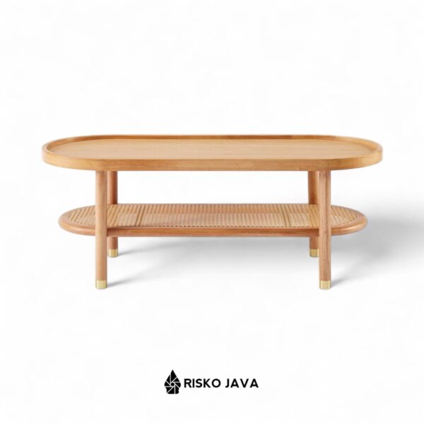 KELATI - Meja Kayu Jati / Coffe Table Minimalis Retro / Meja Ruangan Tamu Kombinasi Rotan