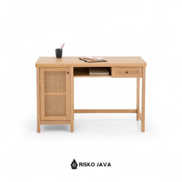GRADY - Meja Belajar Kayu Jati / Meja Kerja Kombinasi rotan / Meja Kantor Laci Penyimpanan