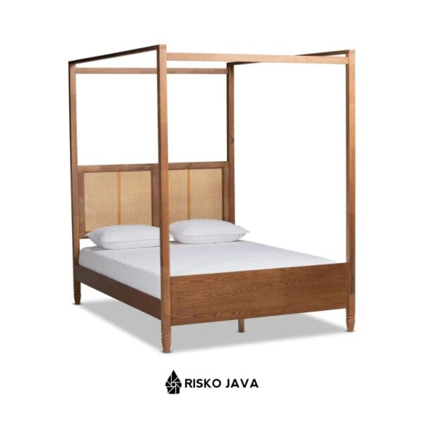 BAYLOR - Dipan Kanopi Kayu Jati / Dipan Tempat Tidur Minimalis / Rangka Dipan Kanopi Kombinasi Rotan Minimalis Modern