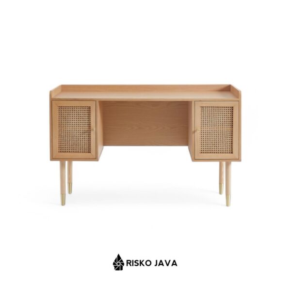 DAOUDA - Meja Belajar Kayu Jati / Meja Ruang Penyimpanan Minimalis / Meja Kombinasi Rotan