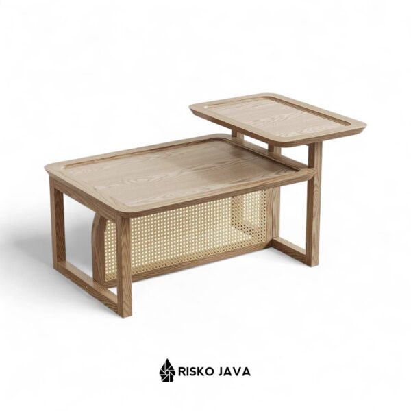 KOFI - Meja Ruang Tamu / Meja Kayu Jati Kombinasi Rotan / Coffe Table Minimalis
