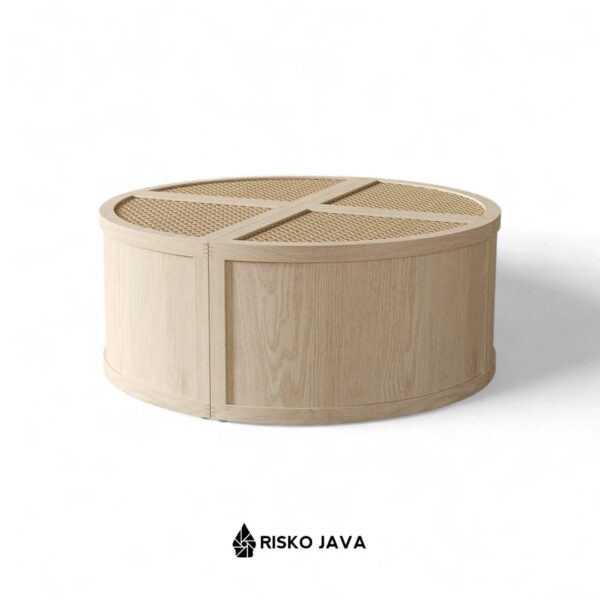 KYEREH - Meja Kayu Jati Kombinasi Rotan / Meja Ruangan Tamu Bulat 4 Bagian / Coffe Table Minimalis