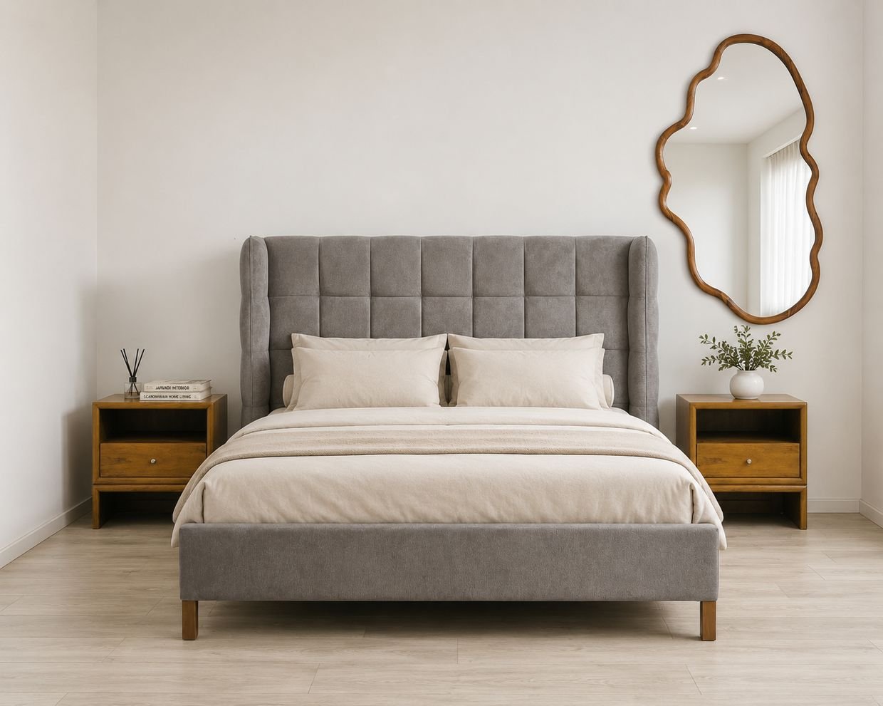 Set kamar tidur Risko Java: dipan, nakas kayu jati, dan cermin dinding