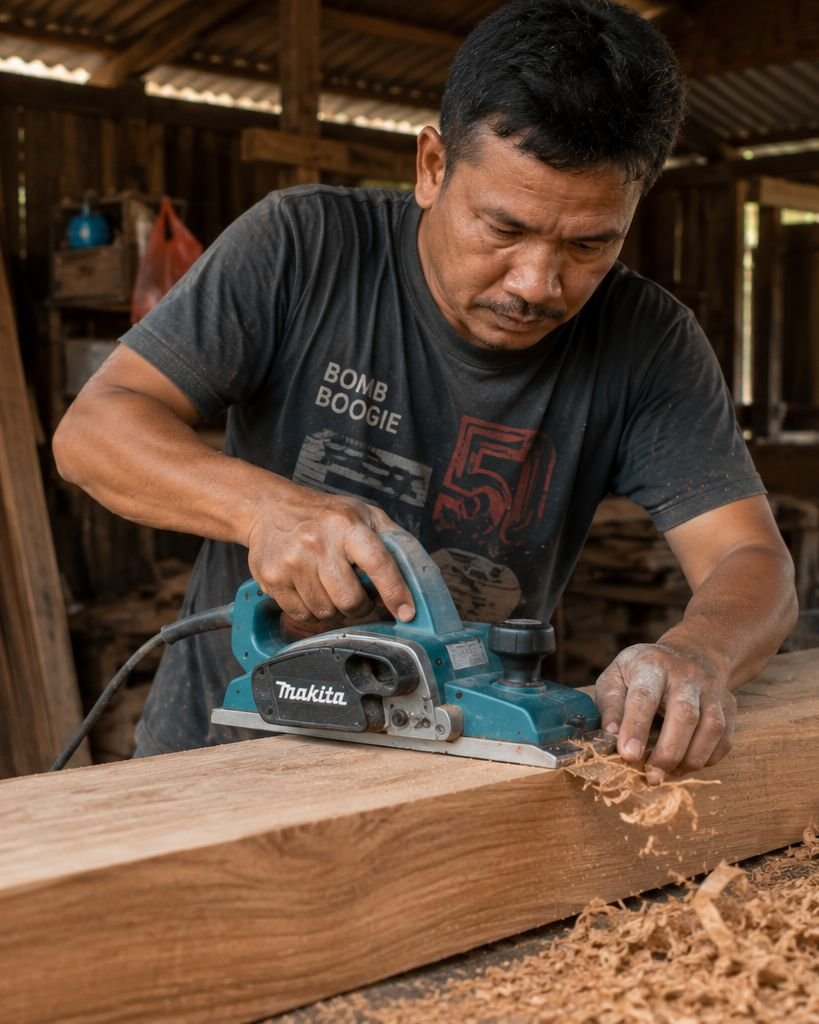 Pengrajin Risko Java menyerut balok kayu jati di bengkel Jepara