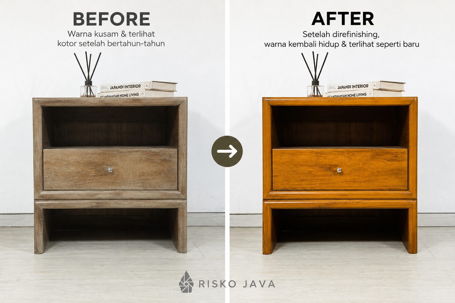 Perbandingan nakas kayu jati sebelum dan sesudah proses refinishing