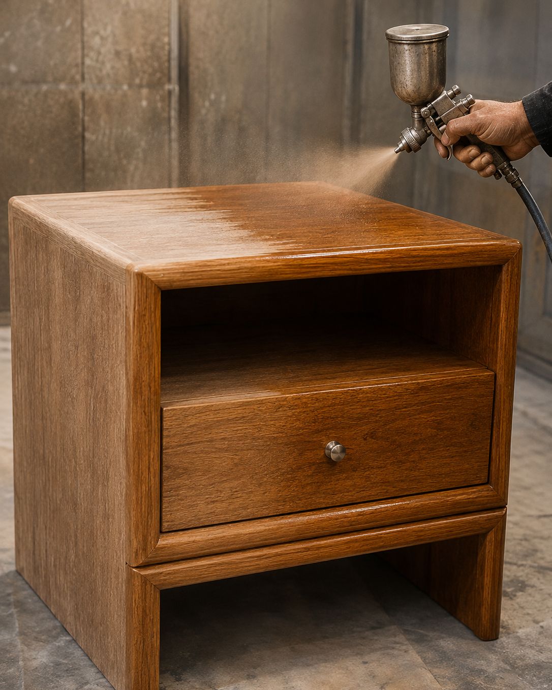 Proses aplikasi wood stain pada furnitur kayu jati