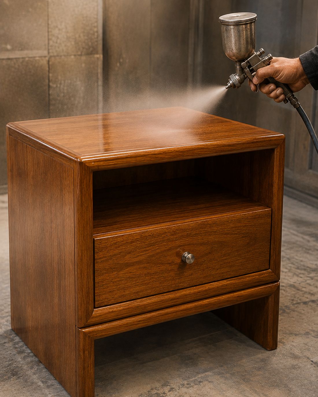 Proses pemberian top coat pada furnitur kayu jati yang sudah diwarnai